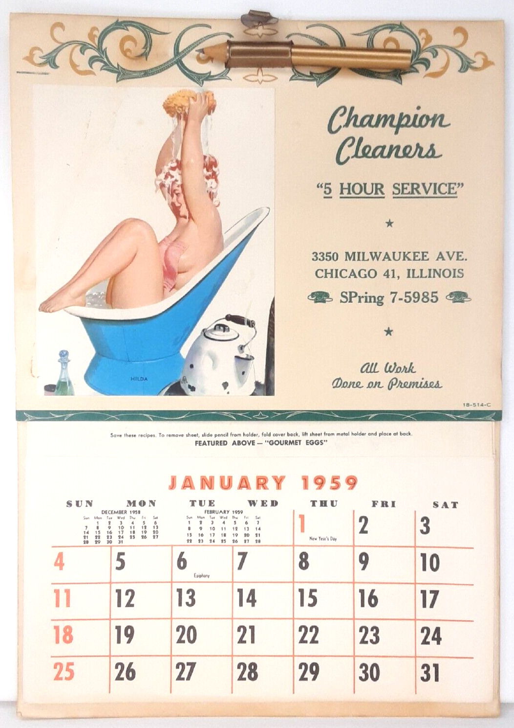 Advertisement Calendar 1959 Champion Cleaners Chicago Illinois Complete