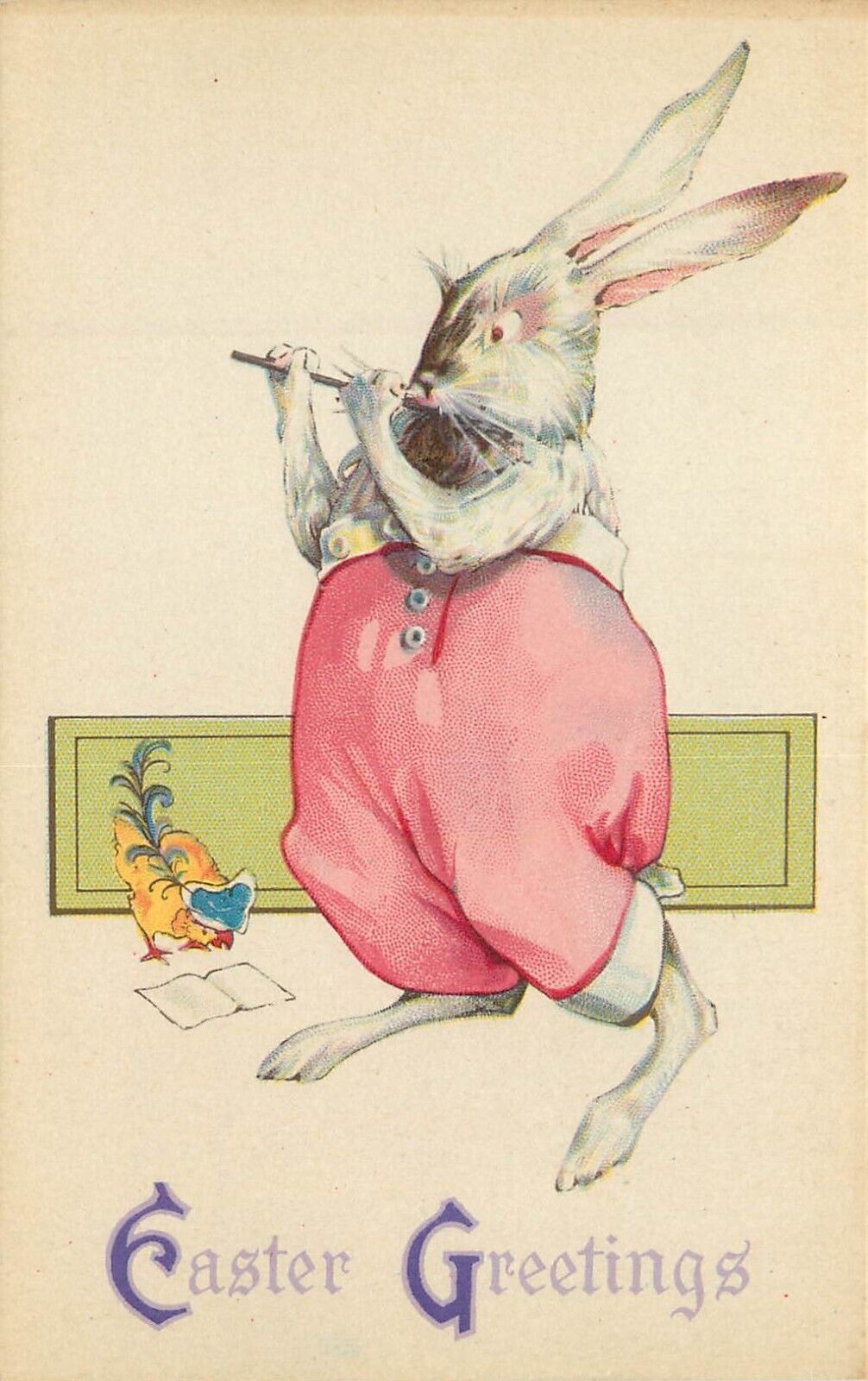 Stecher Postcard 787D Dressed Rabbit Musician Plays Tin Whistle Easter Greetings