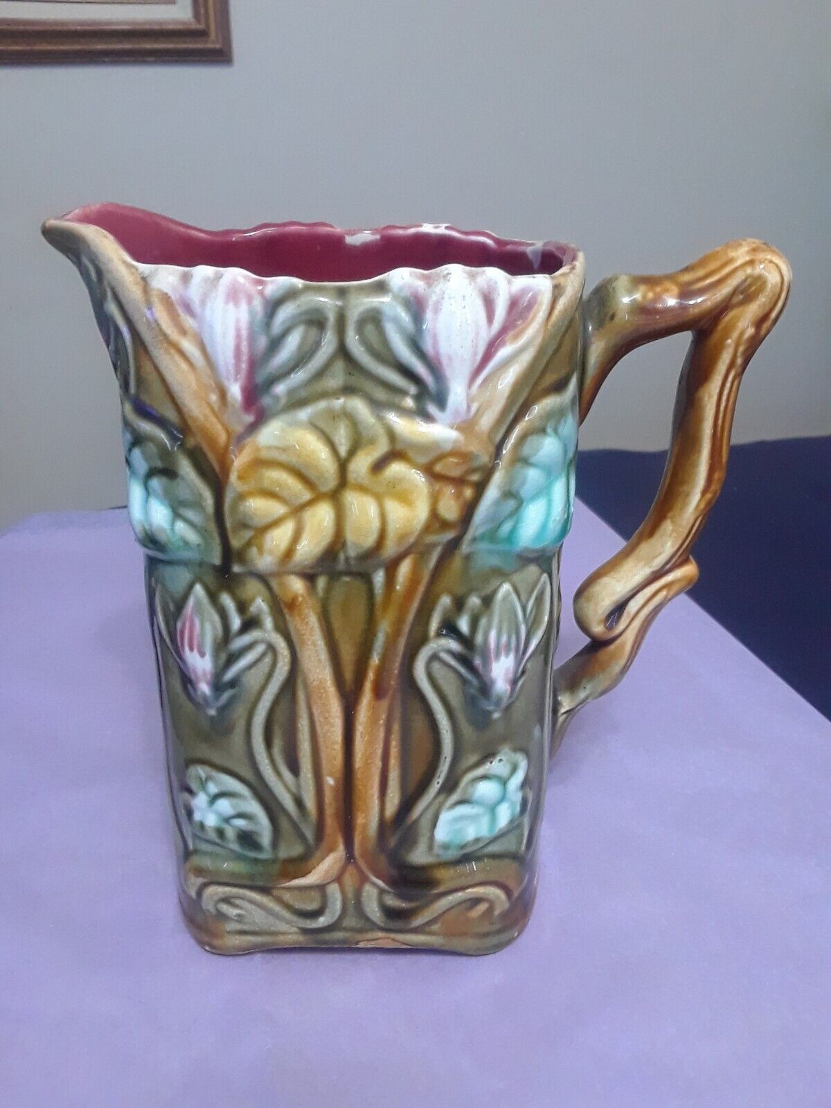 Antique Frie Onnaing #726 French Majolica Square Pitcher Cyclamen Flowers 