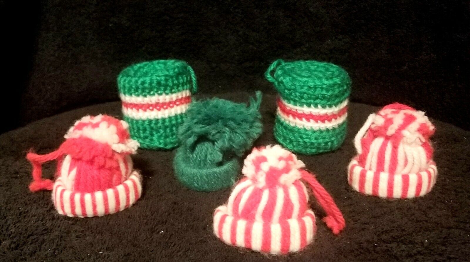 Lot Of 6 Vintage Hand Crocheted Ornaments - Christmas Drums & Christmas Hats