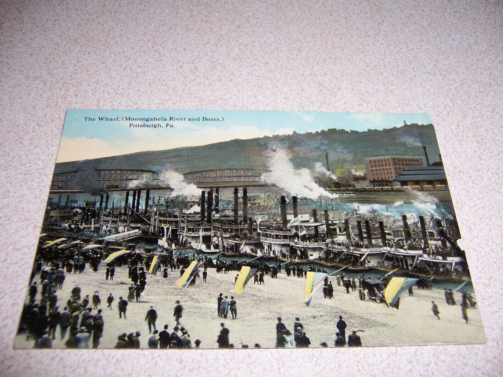 1910s THE WHARF, MONONGAHELA RIVER & STEAMBOATS, PITTSBURGH PA. ANTIQUE POSTCARD