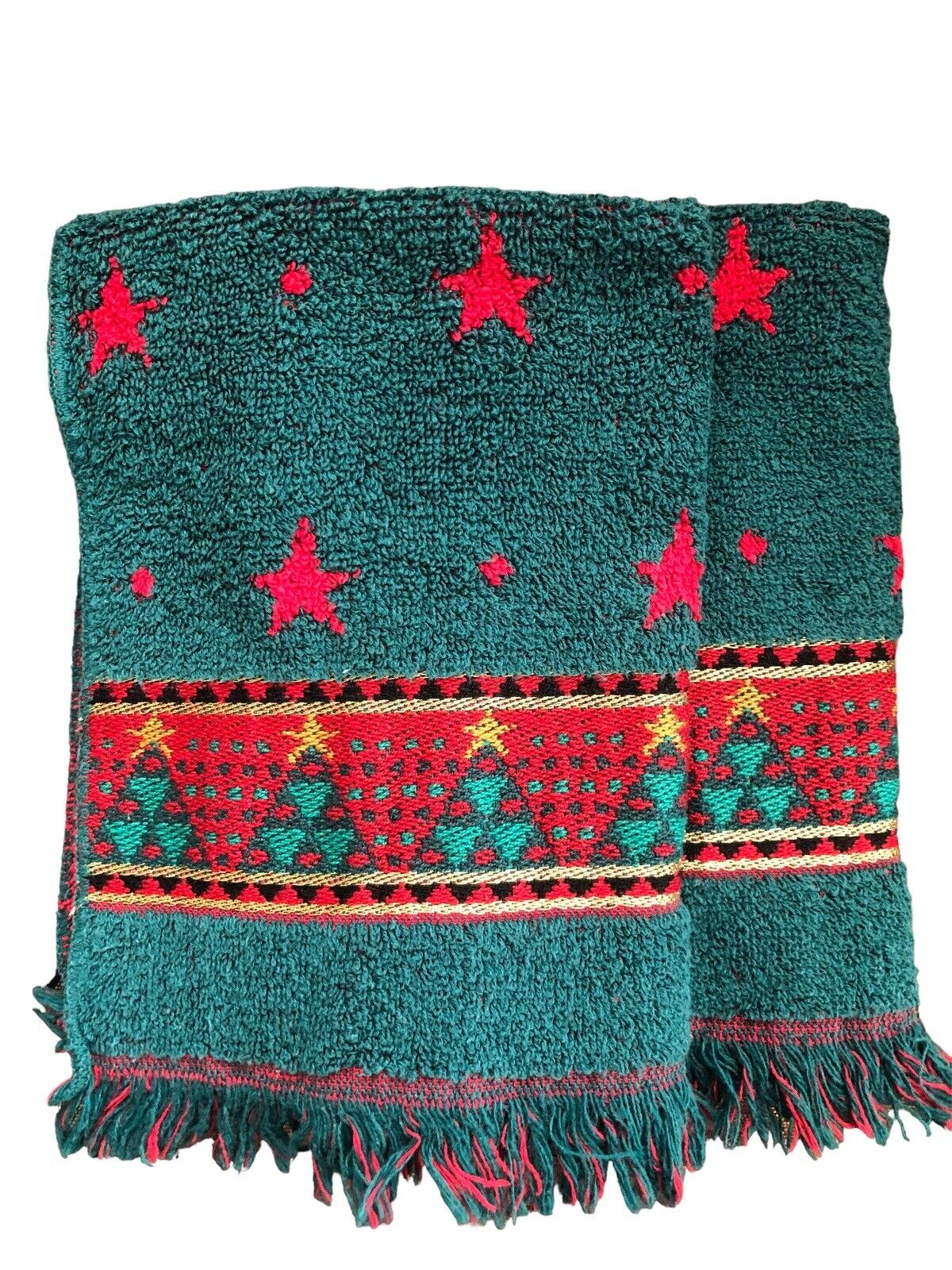 2 Vintage Fieldcrest Red Green Christmas Tree Stars Hand Towels USA 12x18