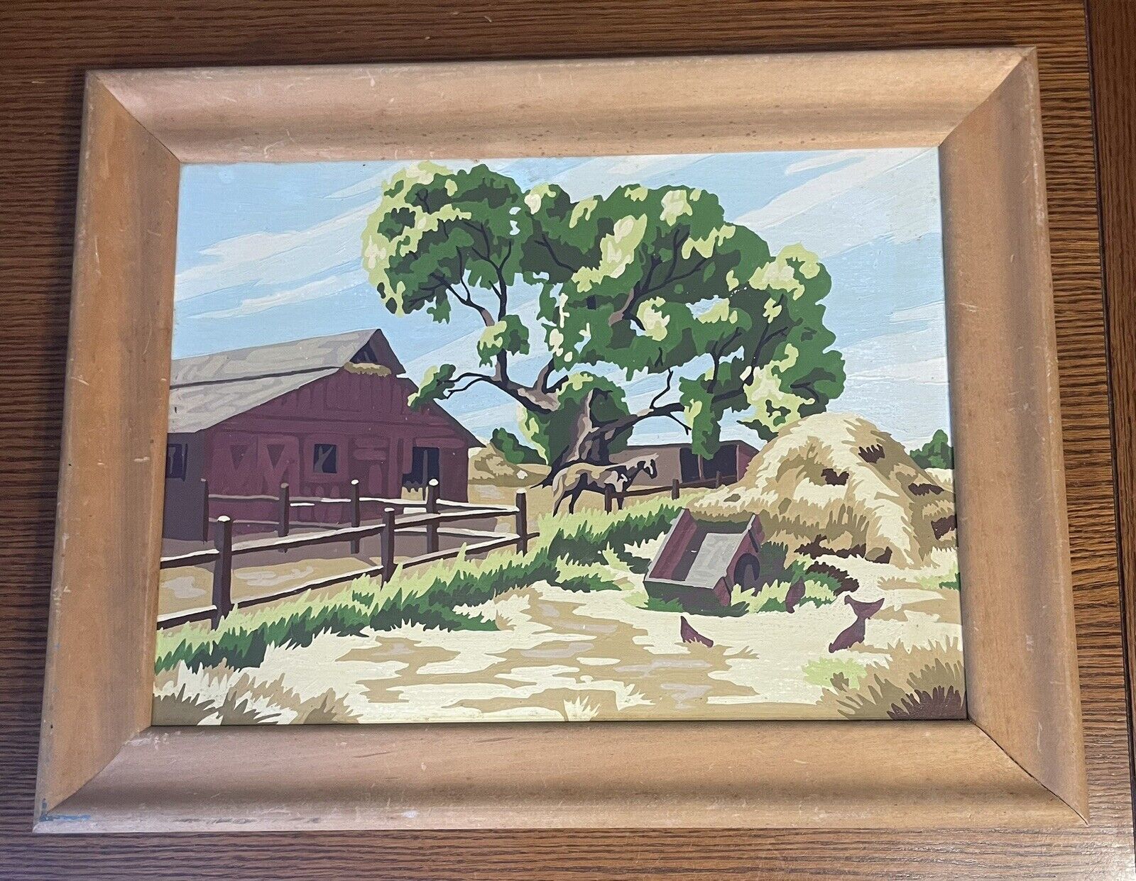 Vintage Paint By Number Framed Farm yard Horse 1950’s Framed 20\