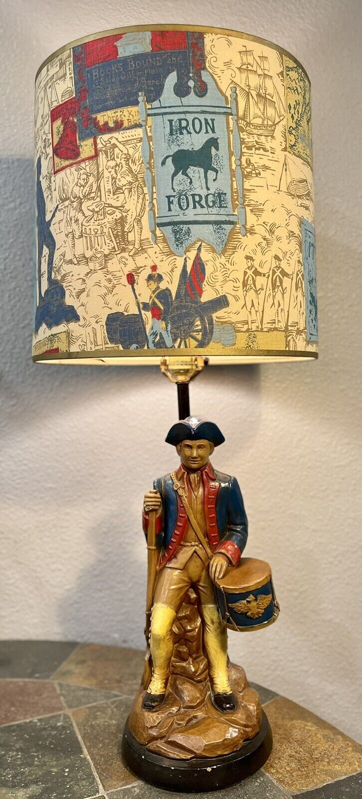 Vintage Colonial Soldier W/ Drum Metal Ceramic Lamp w/Handmade Shade.