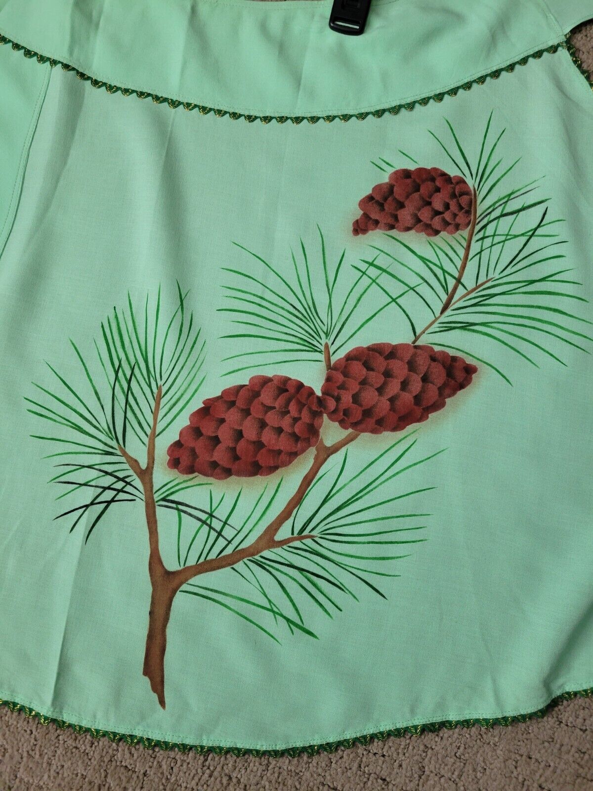 Vintage HOSTESS APRON Pine Cones Print & Green Rickrack