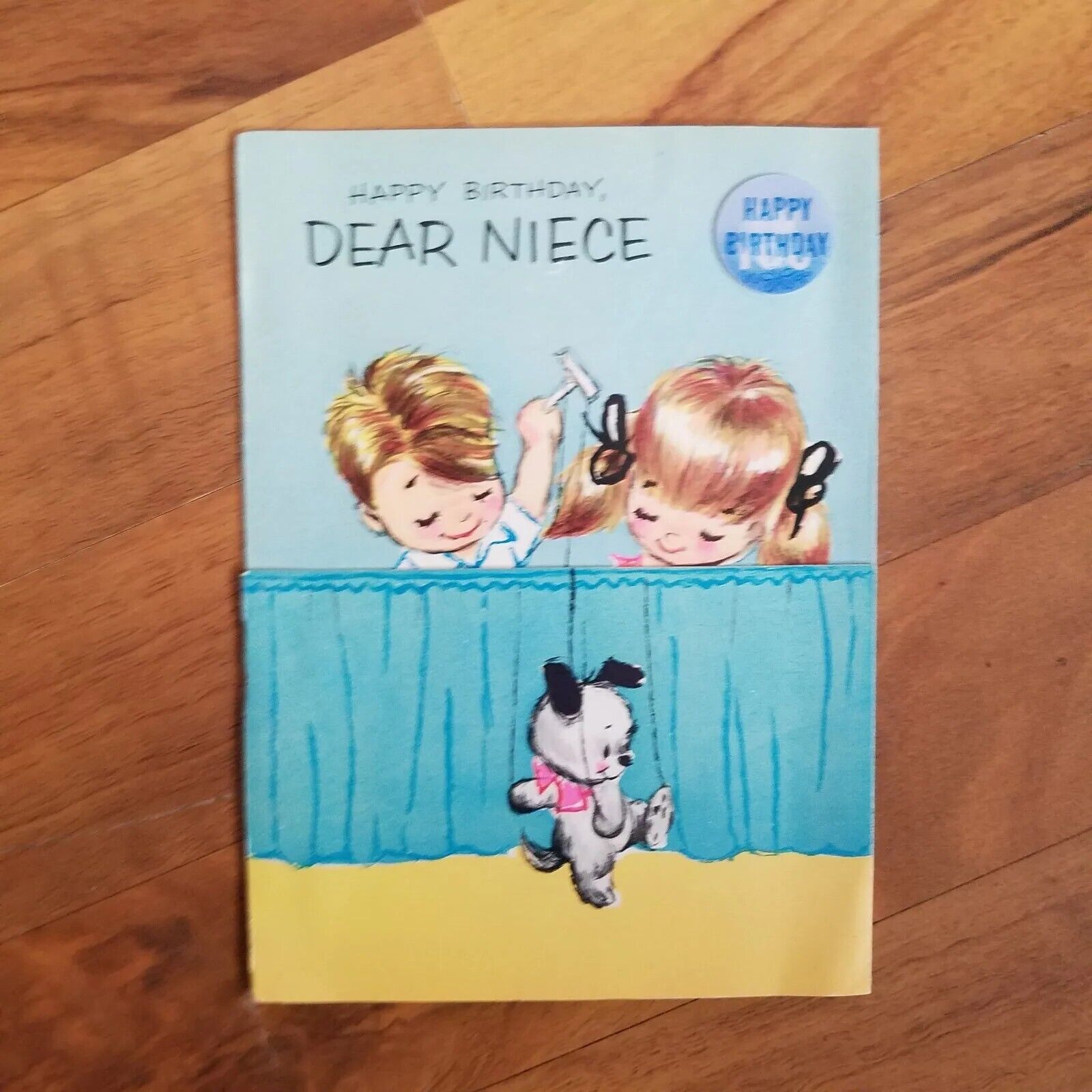 VTG 1960s BIRTHDAY CARD FOR NIECE PUPPET SHOW ANTHROPOMORPHIC CAT AND DOG TUB15 