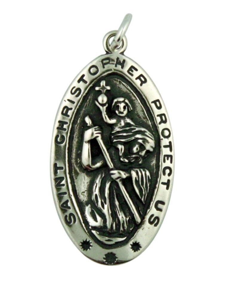 Saint St Christopher the Christ Bearer Pendant 1 1/4 Inch Sterling Silver Medal
