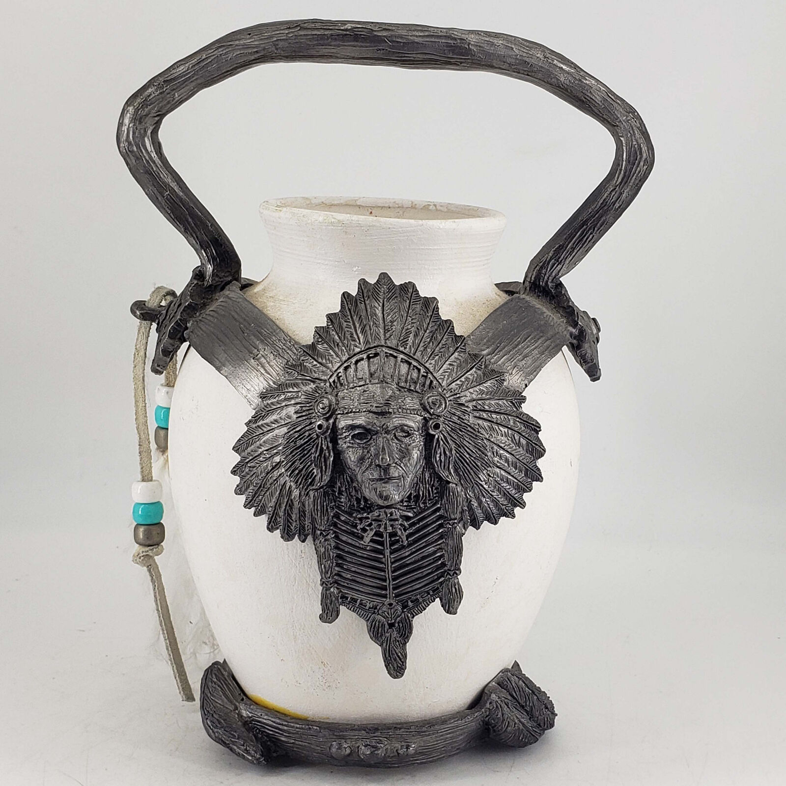 Rare 1992 Michael Ricker pewter Native American bust detail Signed vase vessel