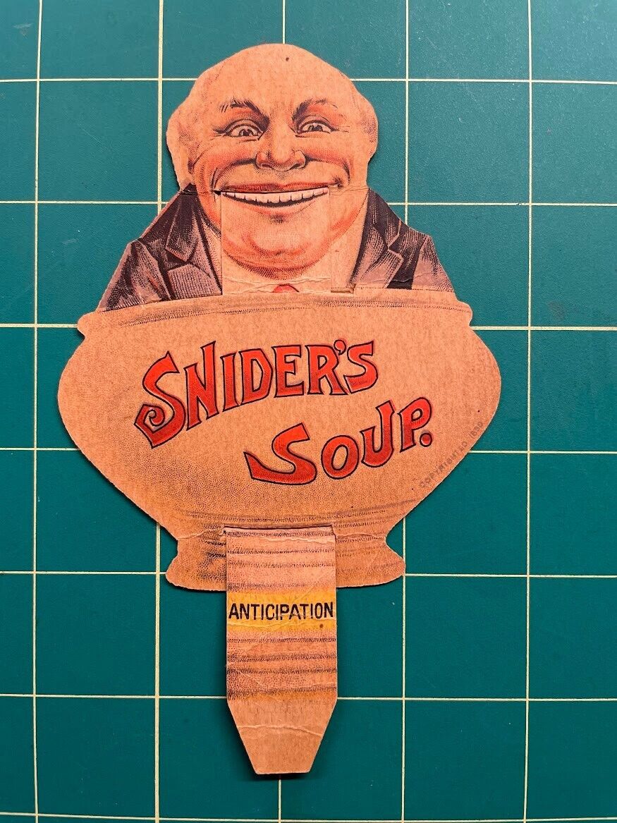 Snider\'s Soup mechanical trade card - die-cut - man drinks soup when tab moved