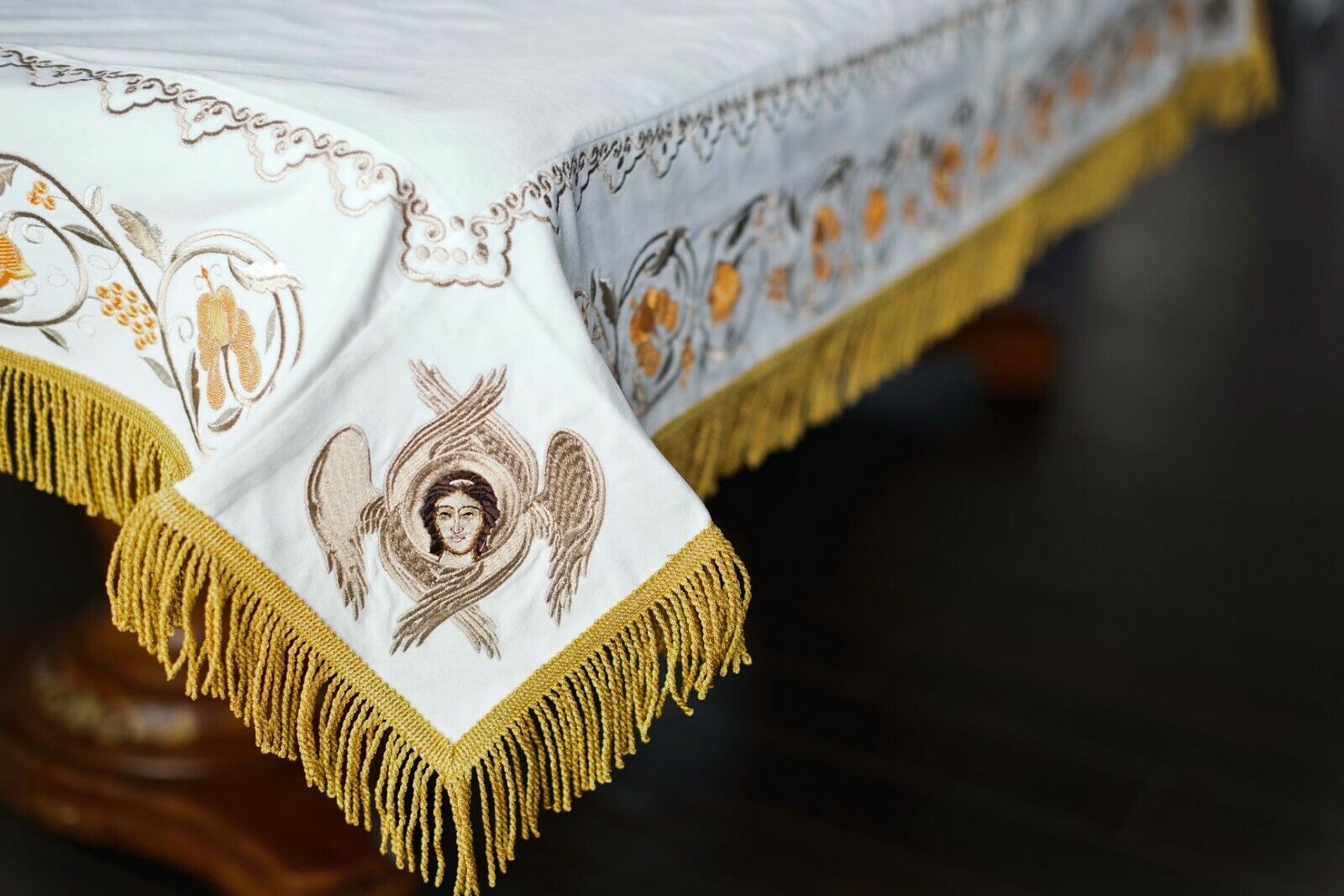 Holy table cover white embroidered, angels