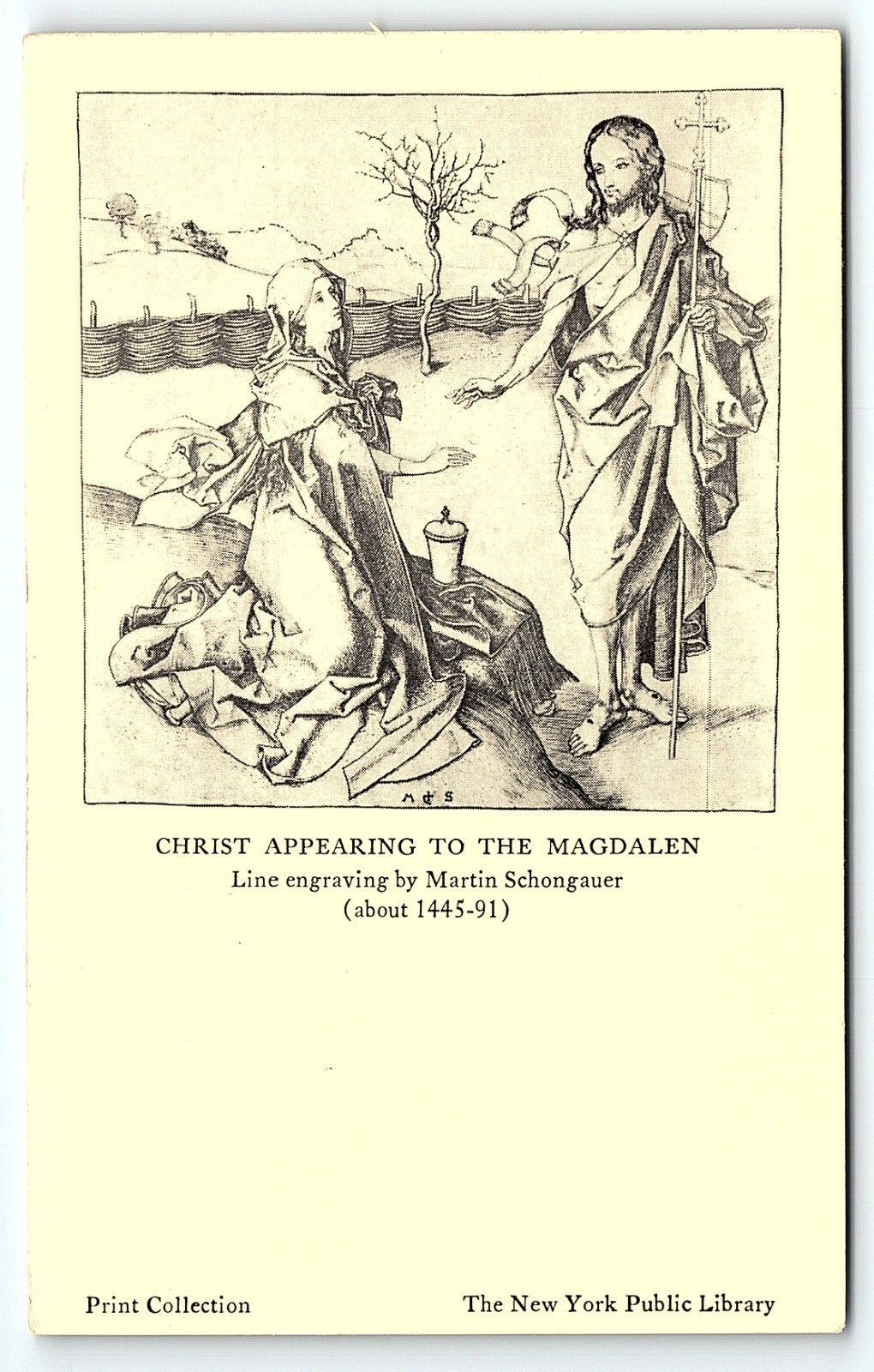 1920s CHRIST APPEARING TO THE MAGDALEN SCHONGAUER NY LIBRARY POSTCARD P4300