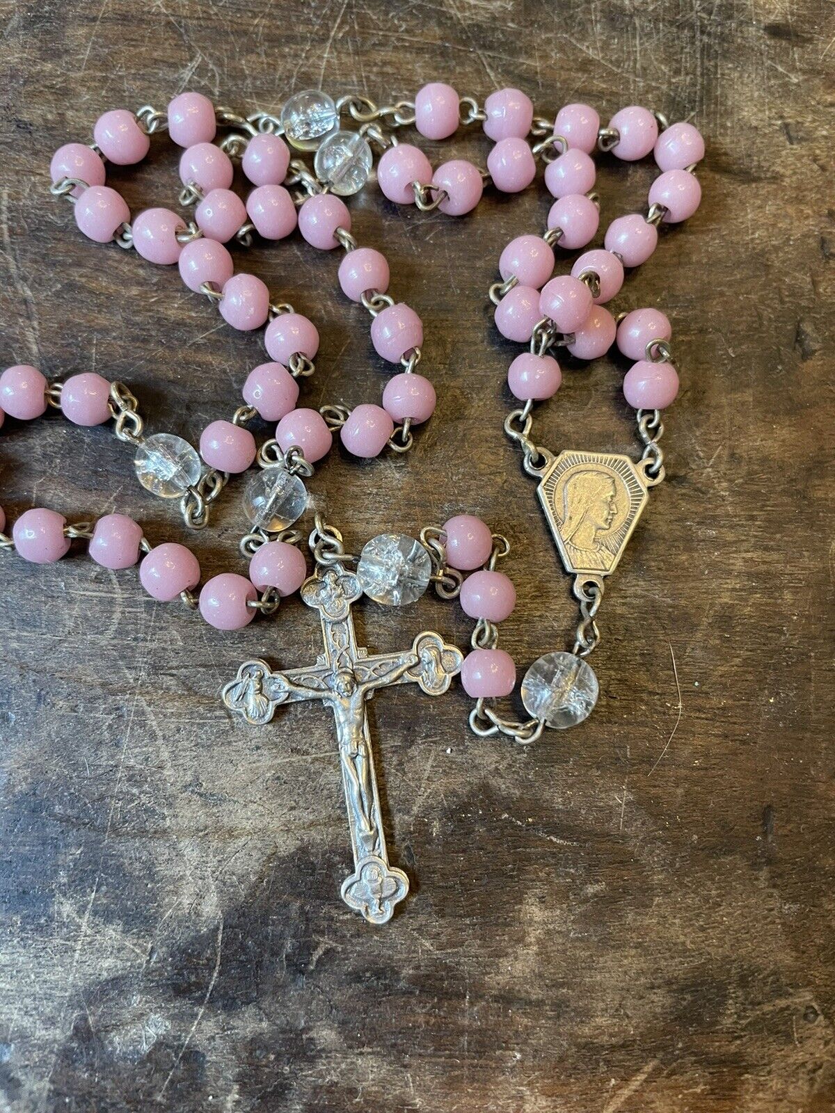 Antique French Rosary Pink Glass Sterling Silver Chaplet 15” Sacred Heart