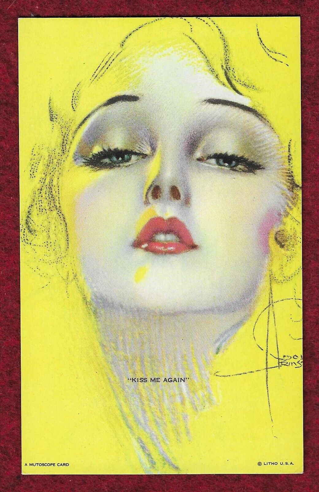 Rolf Armstrong Mutoscope Pin-Up Card KISS ME AGAIN ALL AMERICAN GIRLS MS135