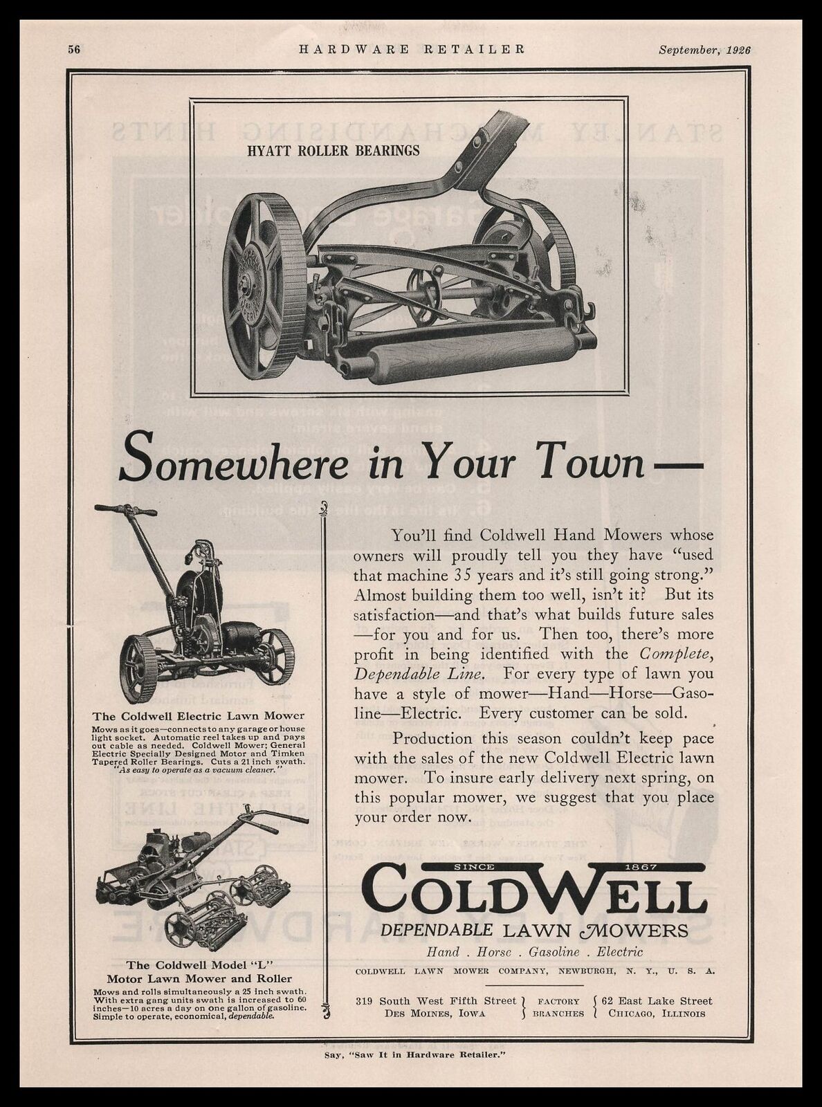 1926 Coldwell Newburgh New York Roller Hand Electric Gas Lawn Mowers Print Ad