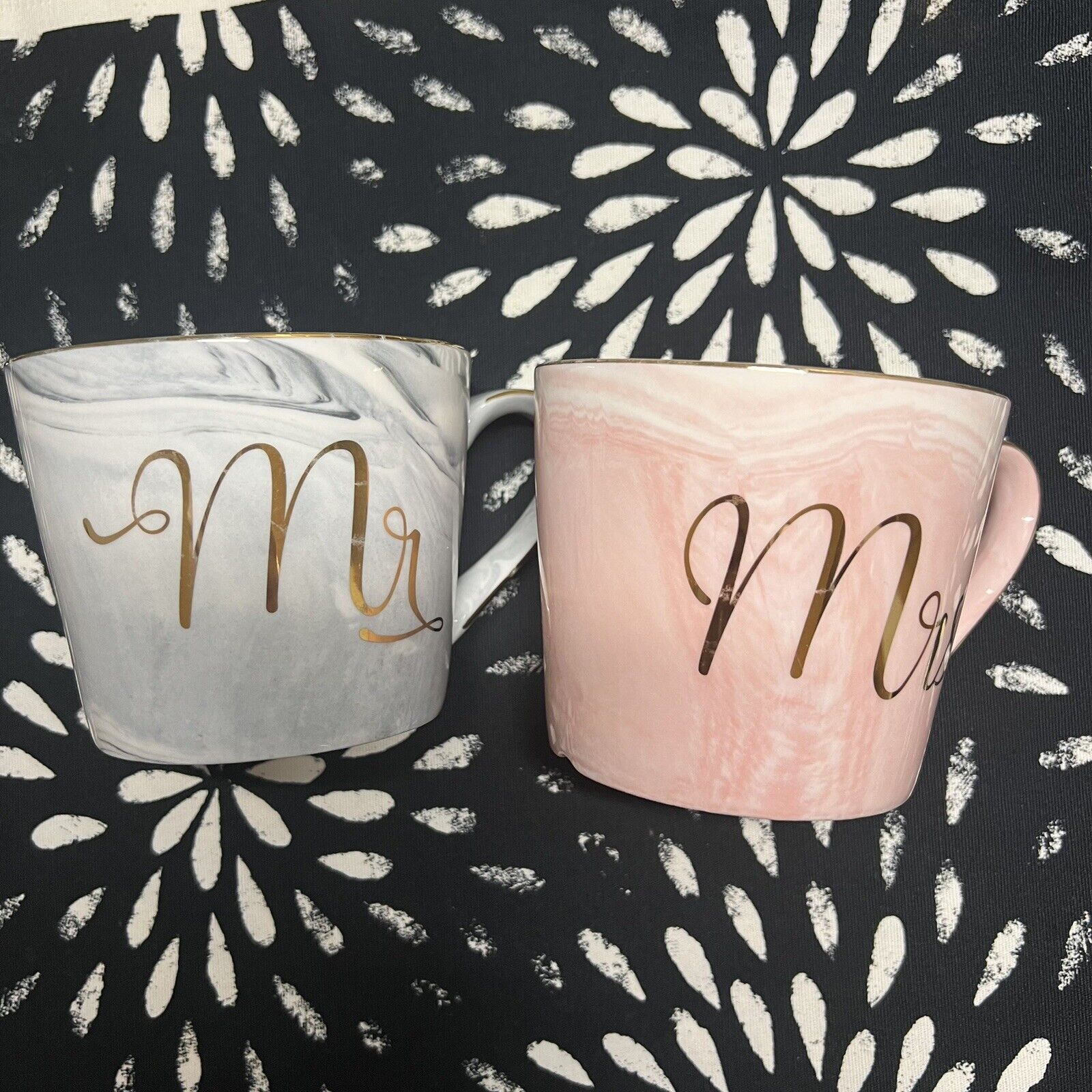 NWOT Wedding Anniversary Mr. and Mrs. Coffee Mugs Marbled Blue and Pink