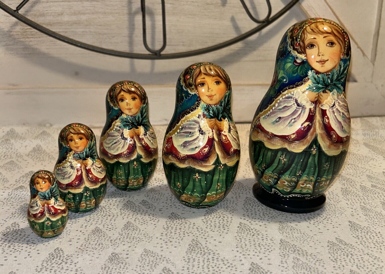 Christmas Evergreen Princess Russian 5 Pce Matryoshka Nesting Doll - 6”