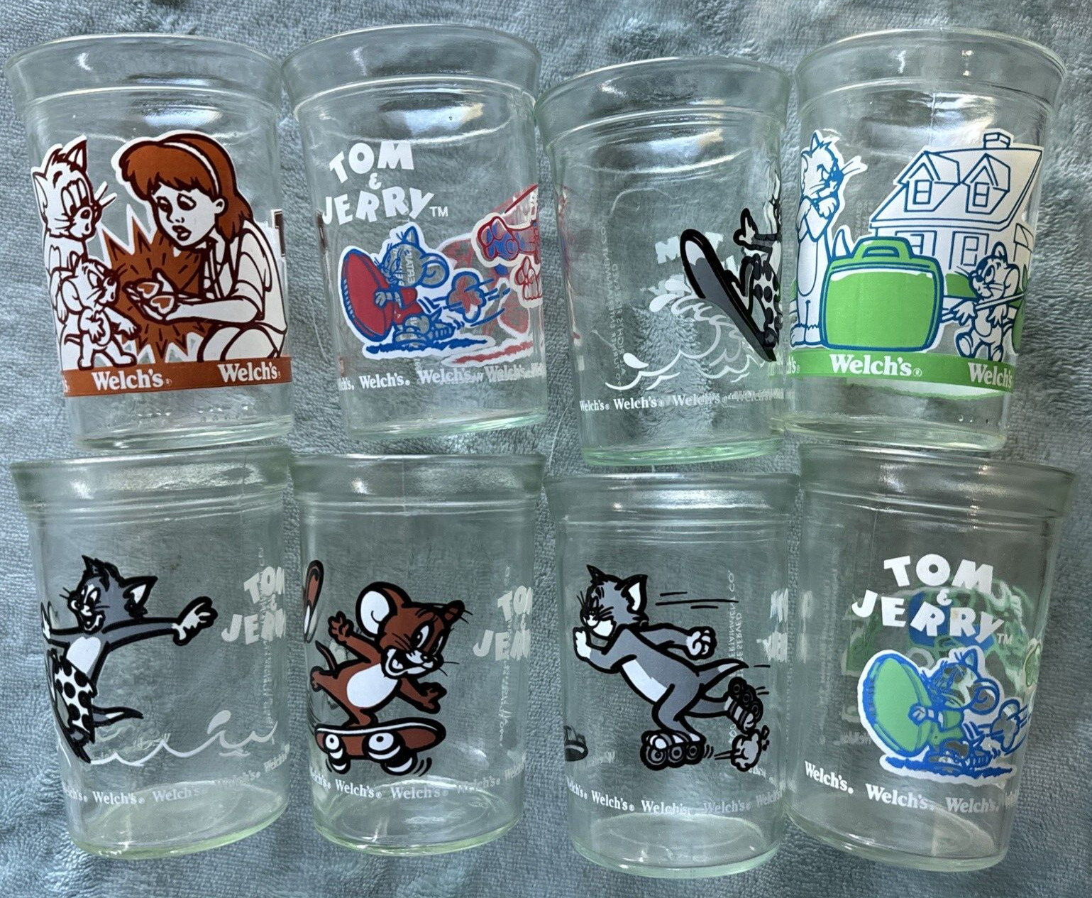 Vintage 1990 Welch\'s Jelly Jar Glasses Looney Tunes Set of 8 Tom and Jerry