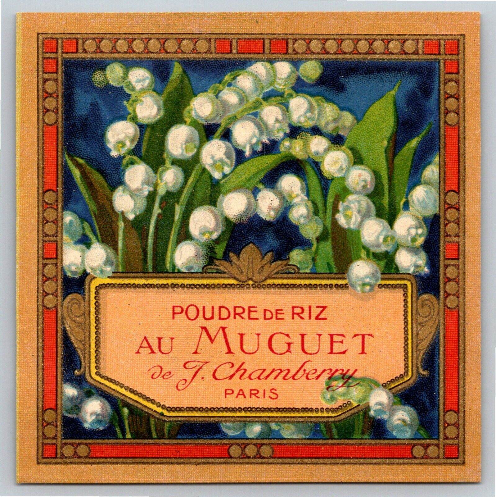 French c1910's Perfume Label Poudre de Riz Au Muguet J. Chamberry Paris w/ Gilt