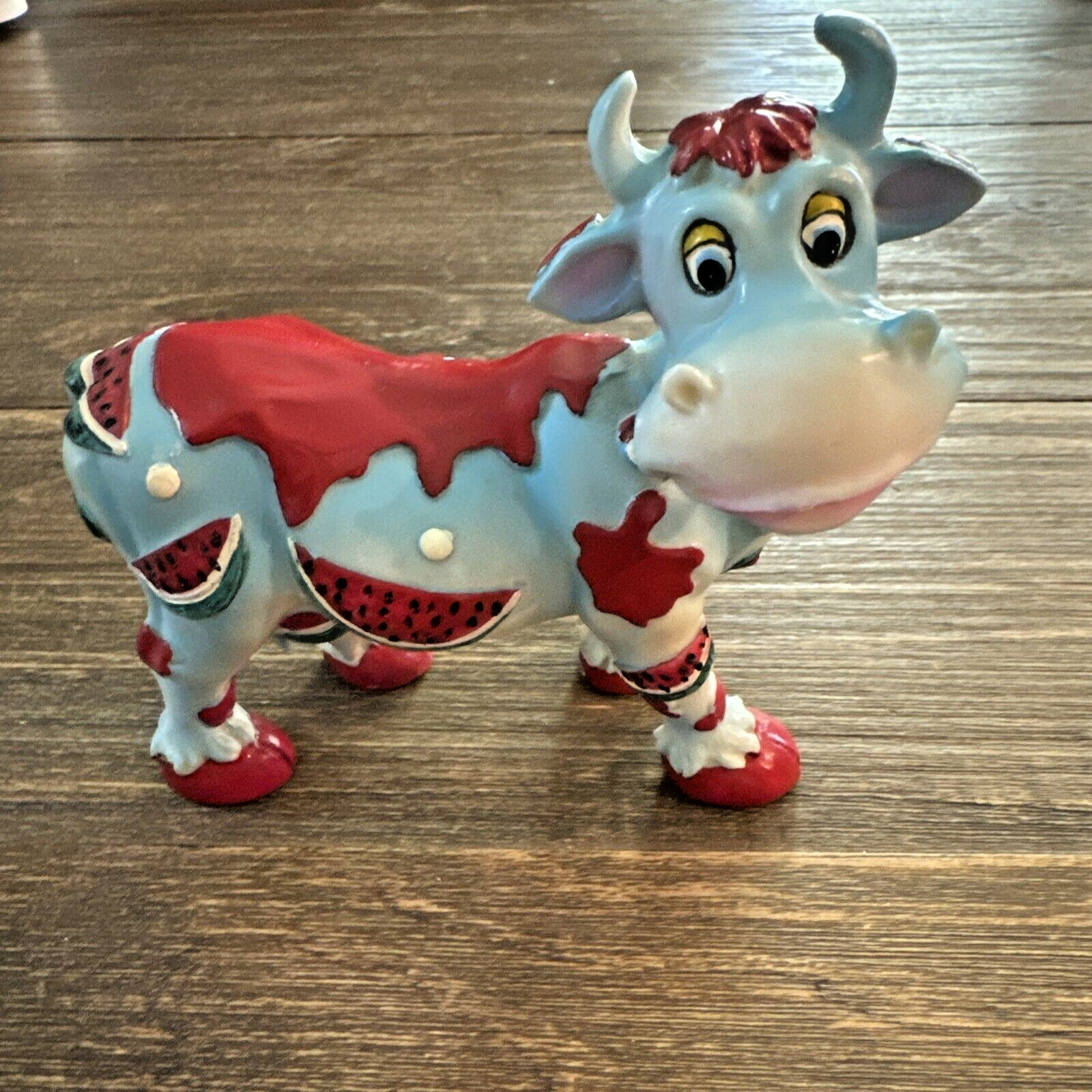 Resin Cow Figurine With Watermelon Design 5” Tall Hard To Find Fun Unbranded