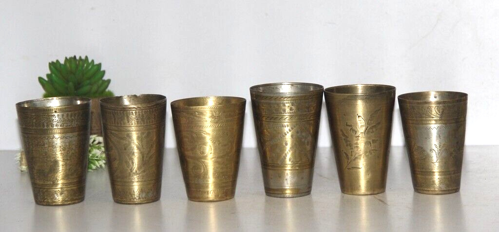 Antique Brass Glass Cup Original Old Hand Crafted Engraved