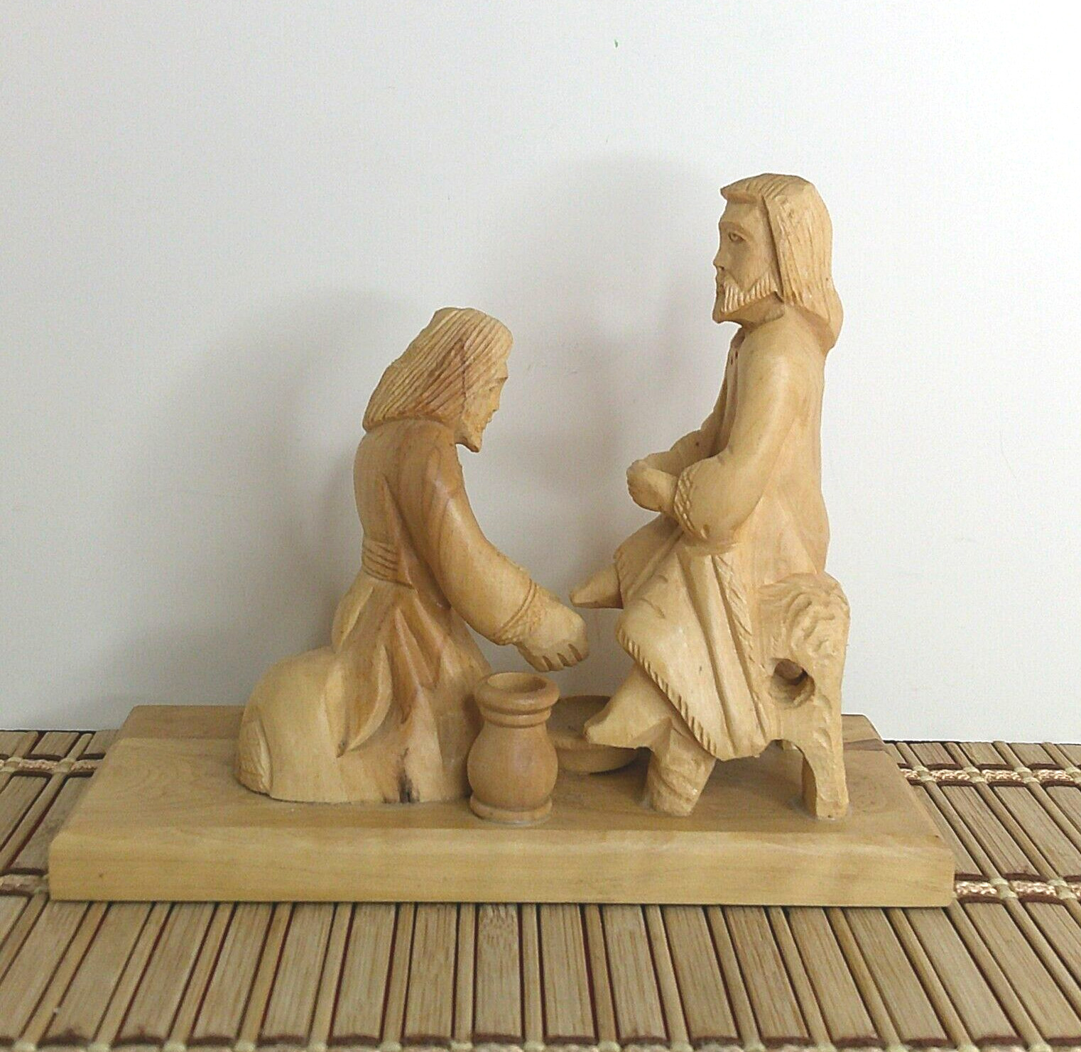 Hand Carved Wood Figure Christianity Jesus Washing Peter\'s Feet