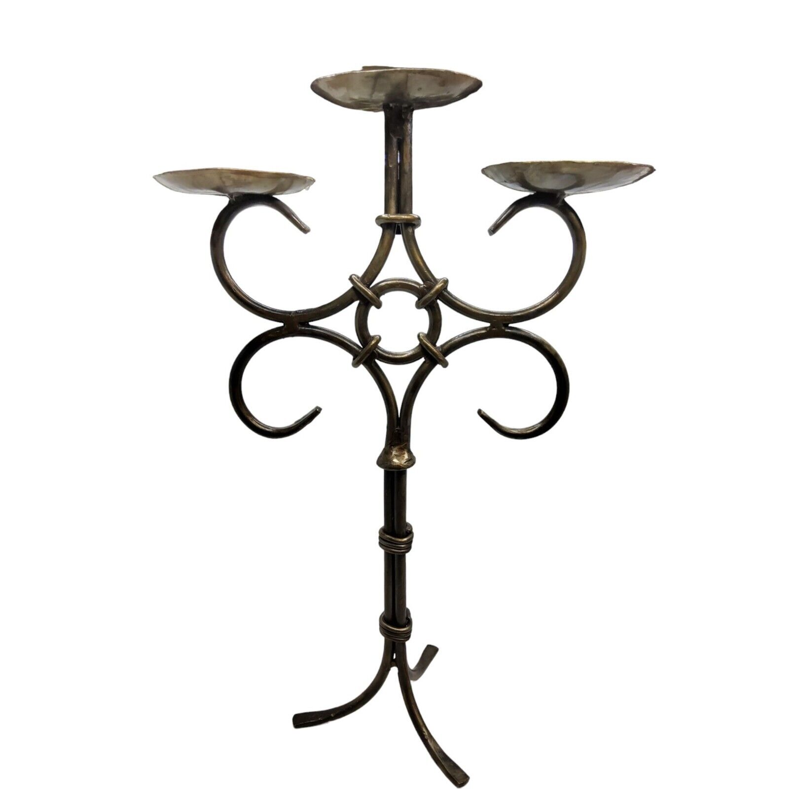 vintage bronze tone hammered wrought iron wire pillar candle candelabra