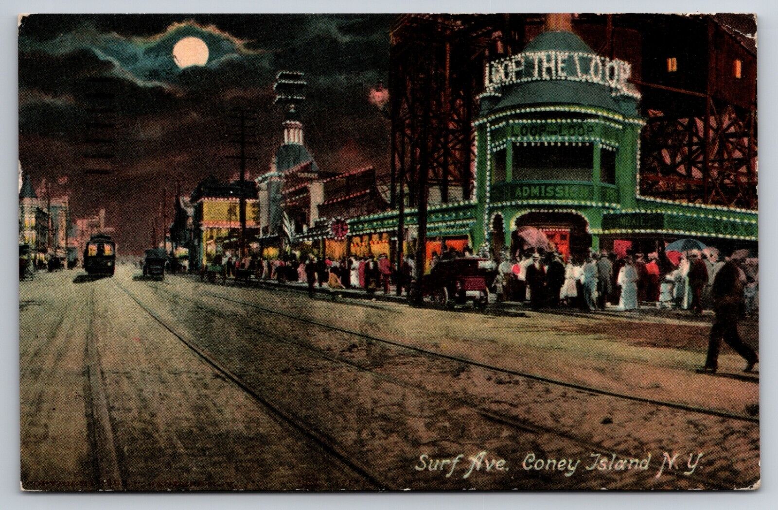 Surf Avenue at Night Coney Island New York Loop the Loop Moon 1911 Postcard