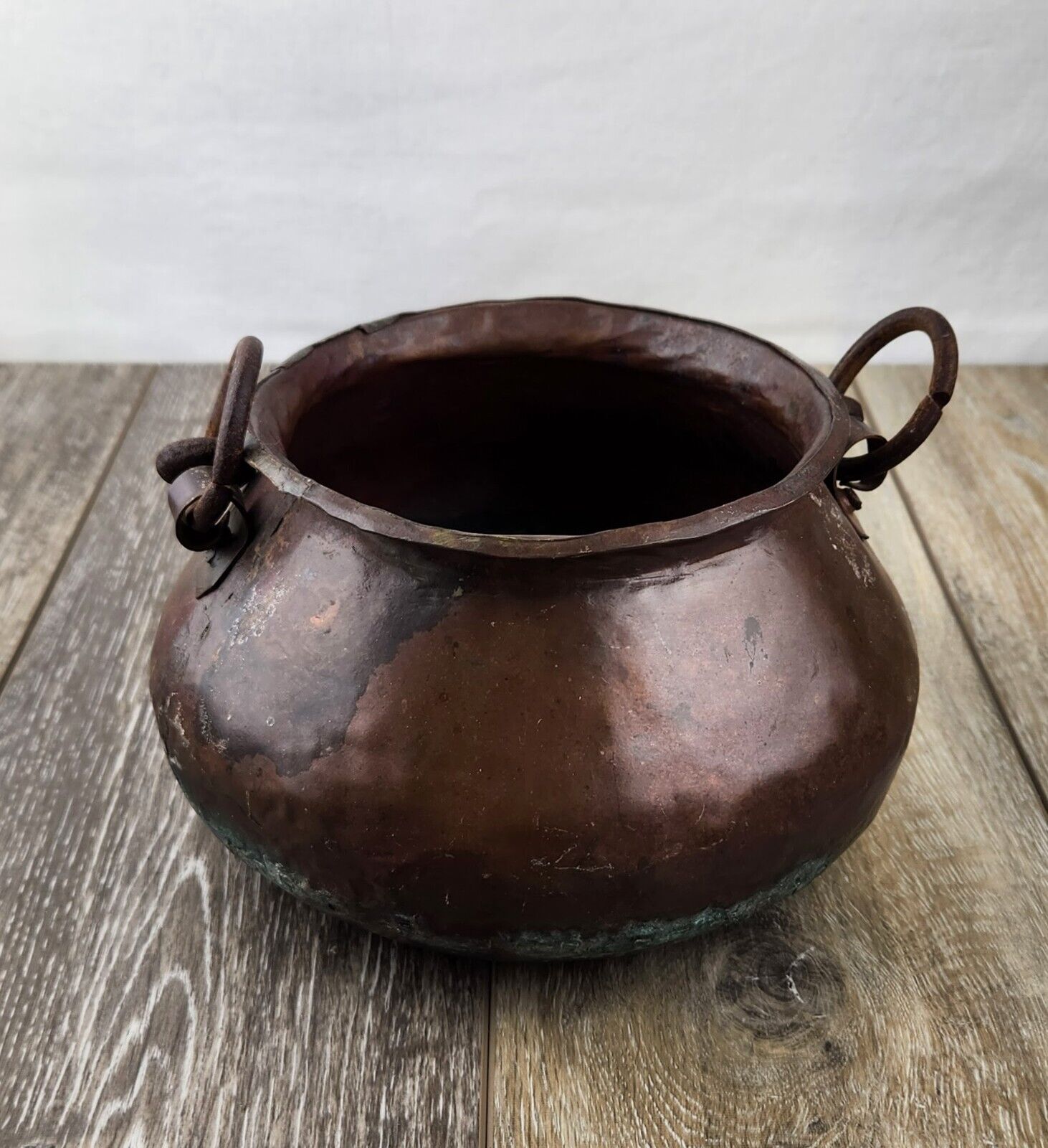 Antique Hand Hammered/Forged Copper Pot With Forged Iron Handle 