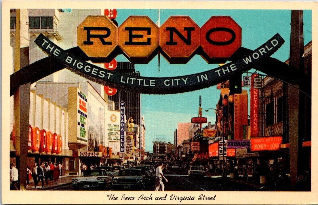 Reno NV Nevada Arch Virginia Street 1960 Cars Advertising Vintage Postcard