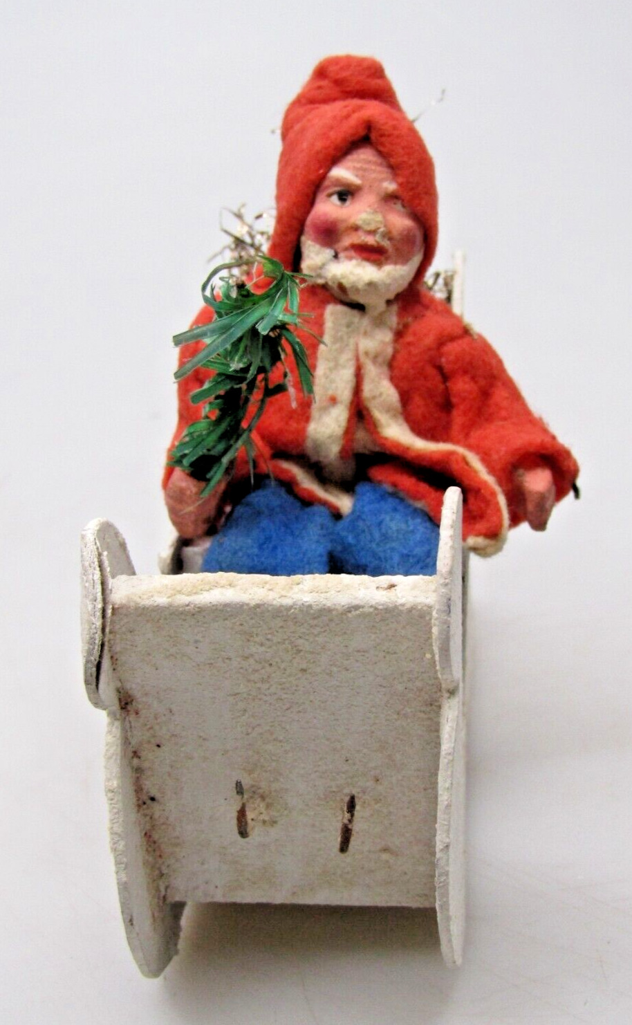 Antique VTG Clay SANTA BELSNICKLE Putz Sleigh w Tree Christmas Ornament Germany