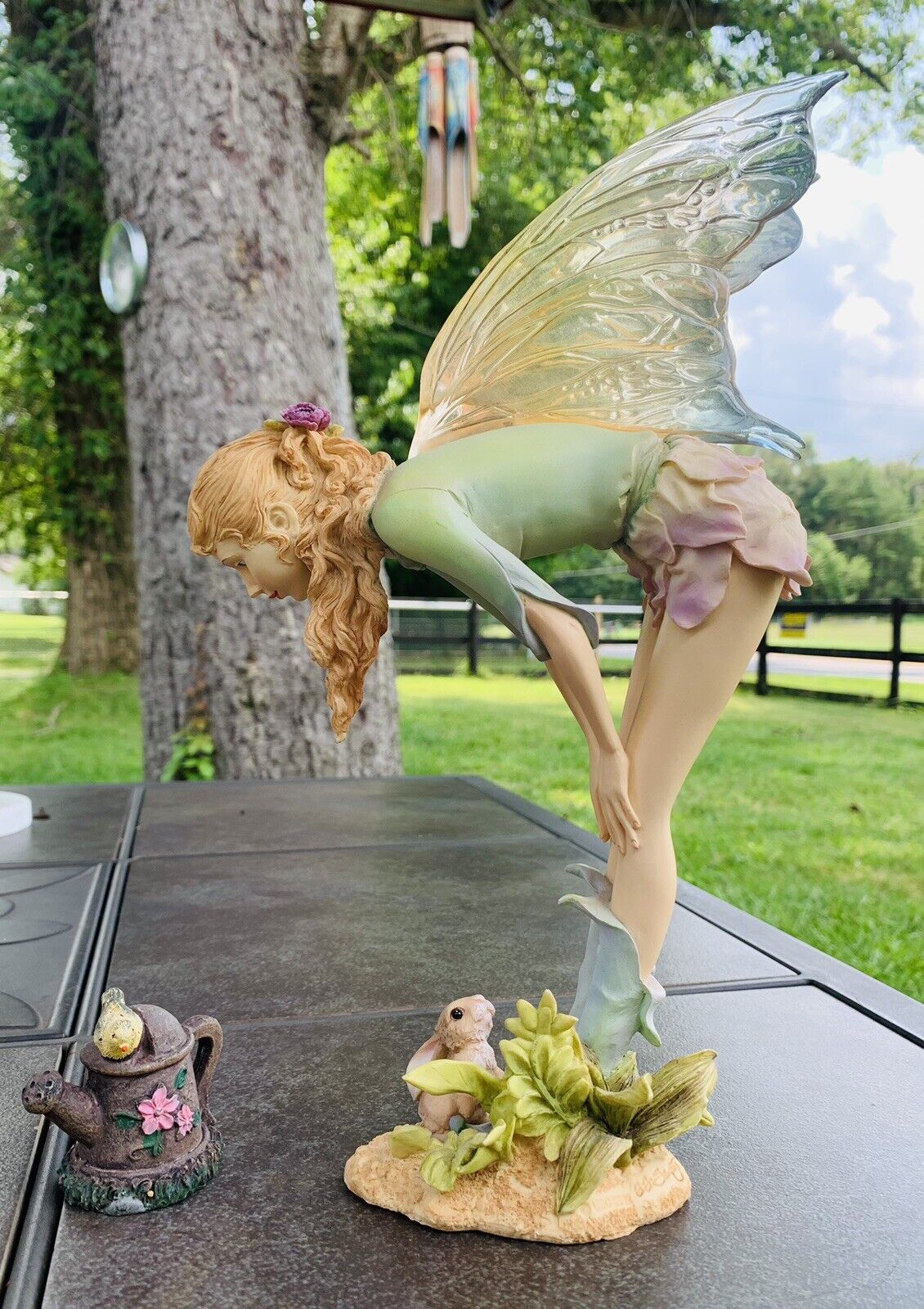 Stone Garden-Garden Fairy With Bunny Figurine. Vintage & Great Condition