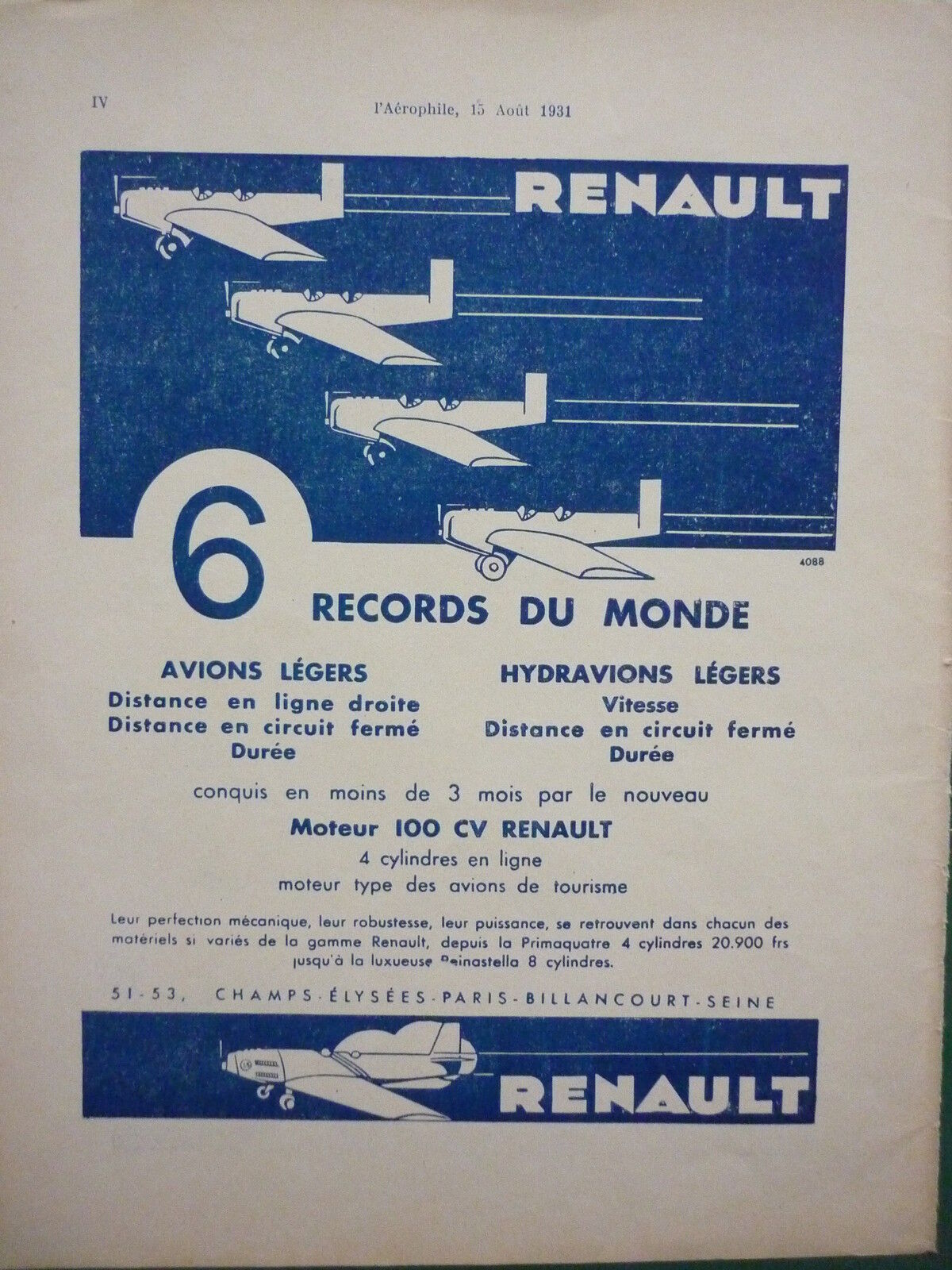 8/1931 PUB RENAULT ENGINE 100HCV AIRCRAFT SEAPLANE 6 WORLD RECORDS FRENCH AD