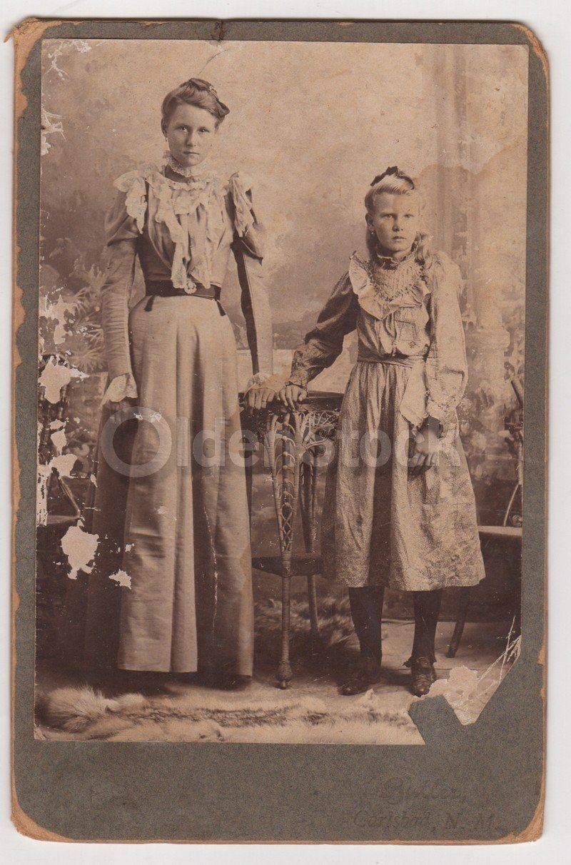 Lovely Tall Sisters in Fine Dresses Carlsbad NM Antique Cabinet Photo