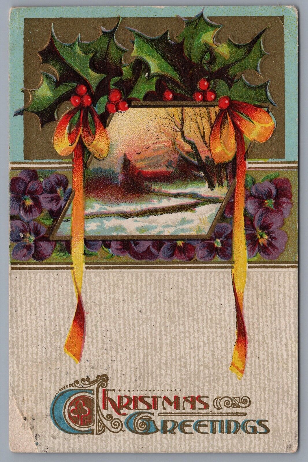 1914 Antique Christmas Card Postcard Wadena, Minnesota Mistletoe Flowers Ribbon