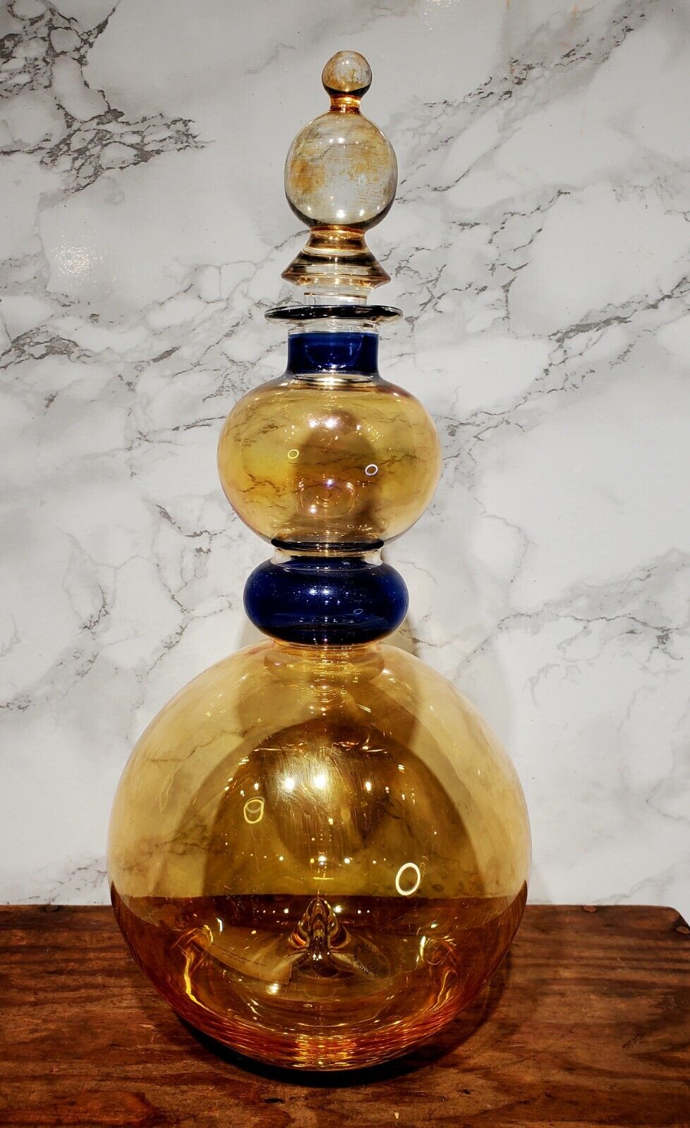 Vintage Iridescent Amber/Blue Rainbow Glass Decanter/Stopper, Hand Blown Italy