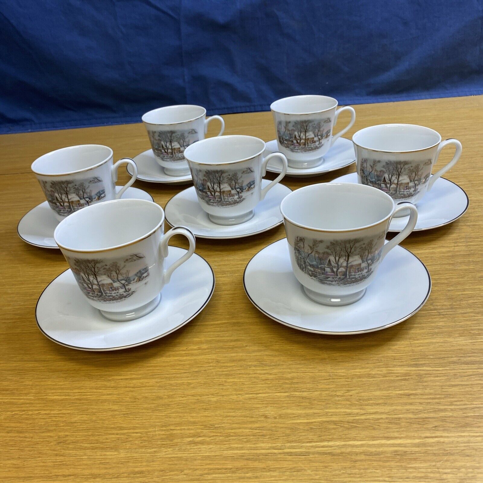 Avon 1981 Currier & Ives Winter Scene (7 Sets) Cups and Saucers - Japan