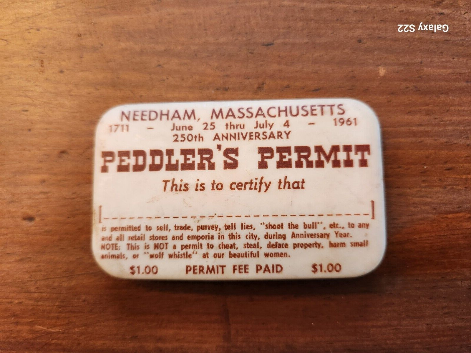 Vintage Peddlars Permit Badge Massachusetts 1961