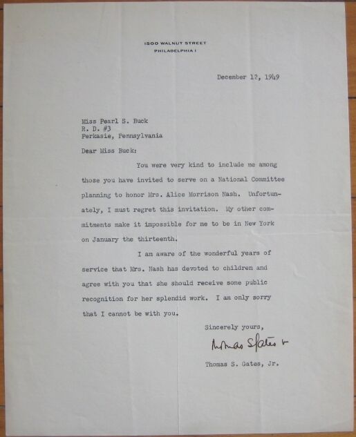 THOMAS S. GATES, JR. 1949 TLS Autograph Letter - Eisenhower Secretary of Defense