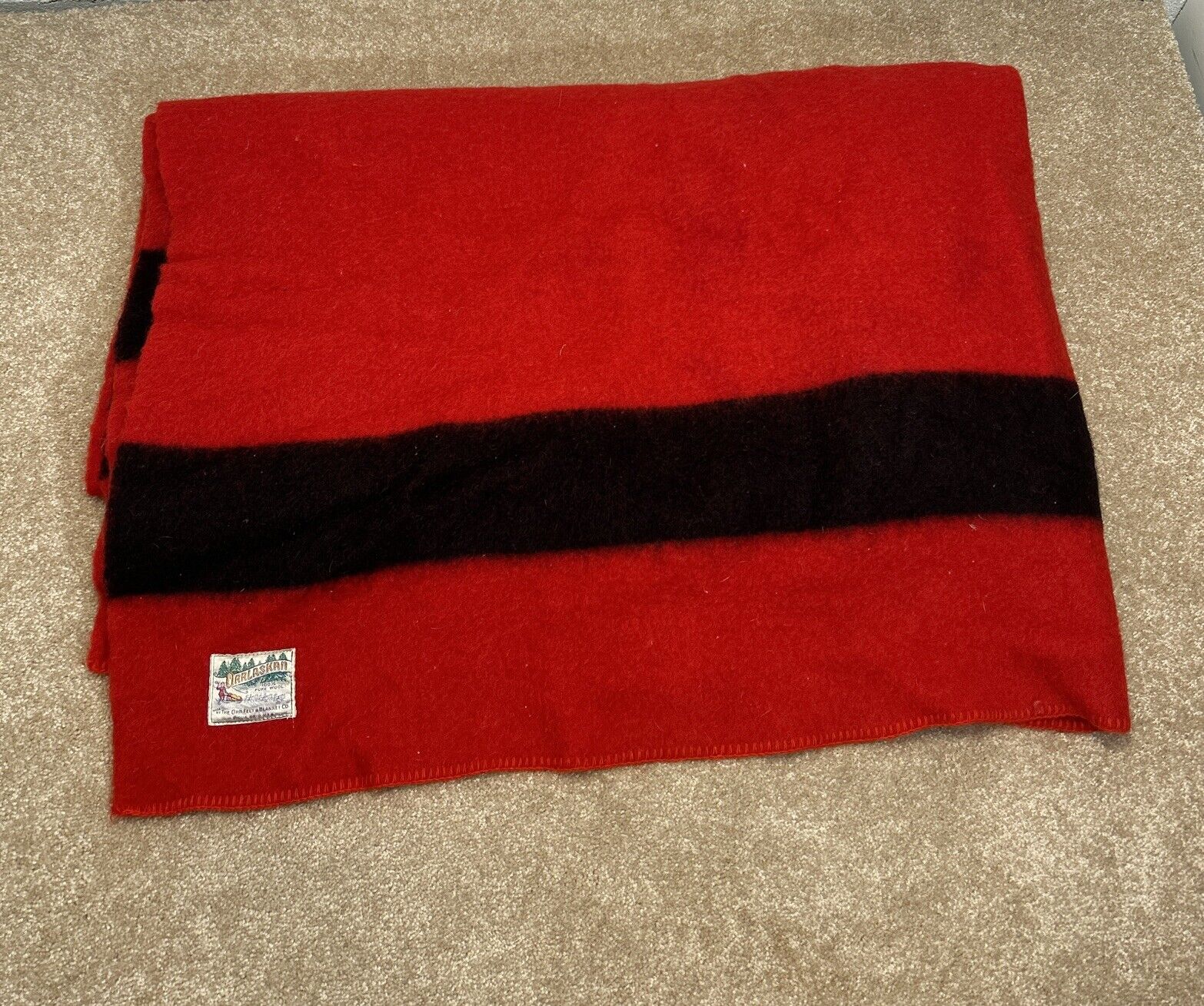 Orrlaskan 100% Wool Orr Felt & Blanket Red Black Strip 86 X 70 See Pics Warm Vtg