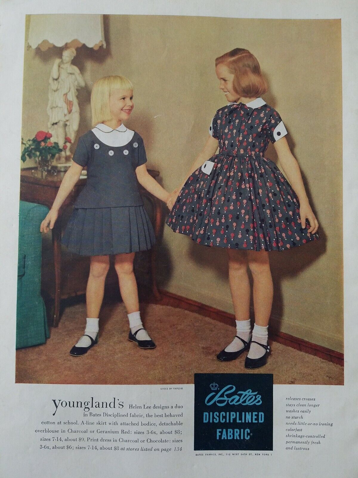 1955 Bates disciplined fabric little girls Youngland Helen Lee design dress ad