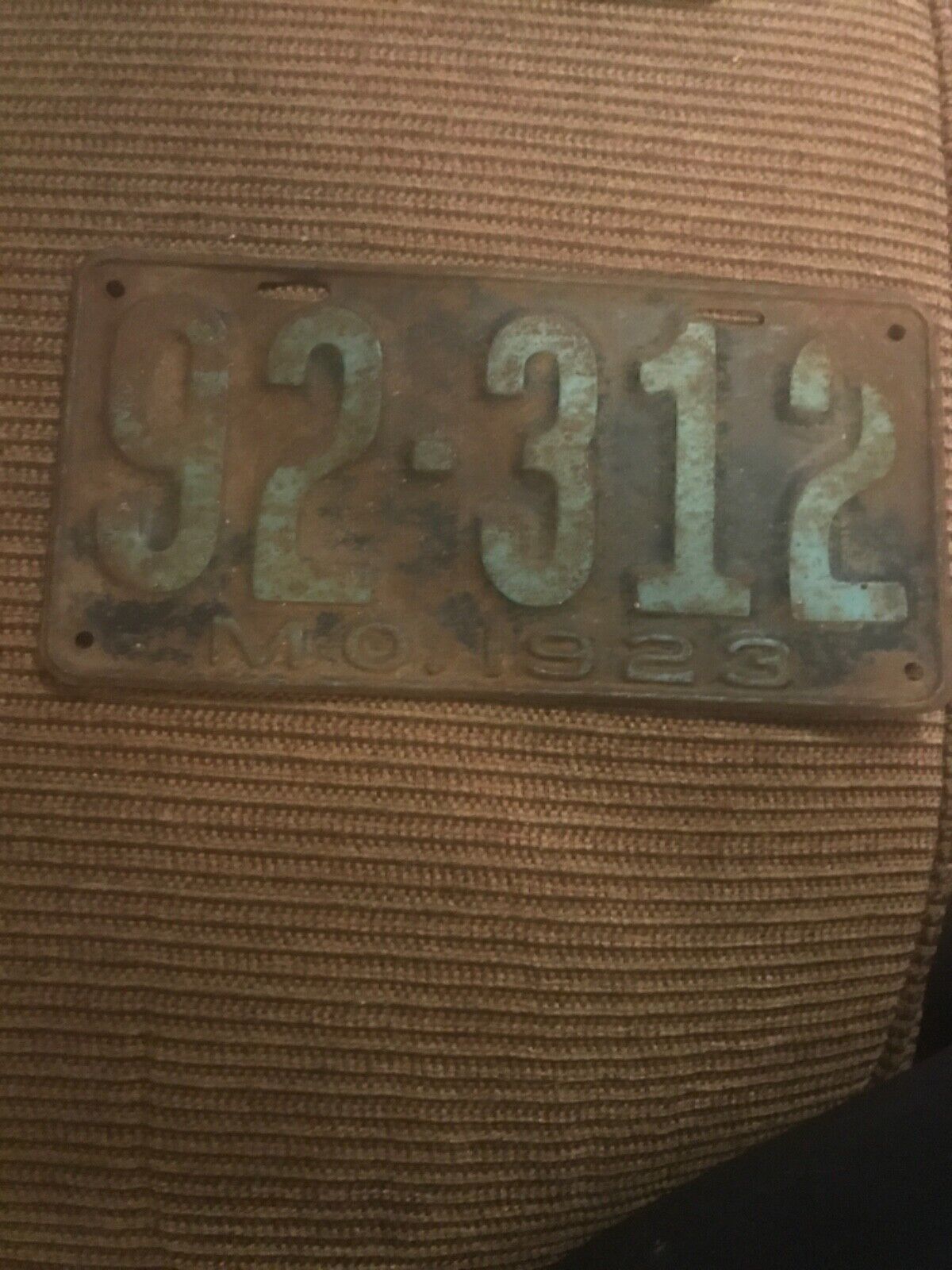 1923 Missouri license plate low number 92-312