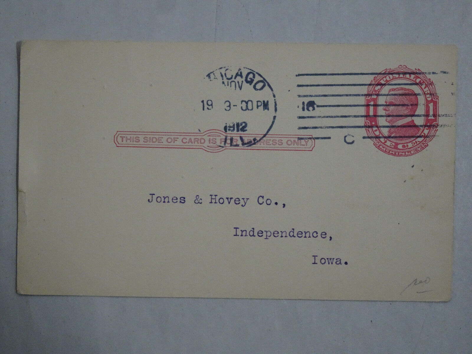 1912 UX 24 Postal Card 1c Red McKinley Detroit Stove Works Chicago IL USA