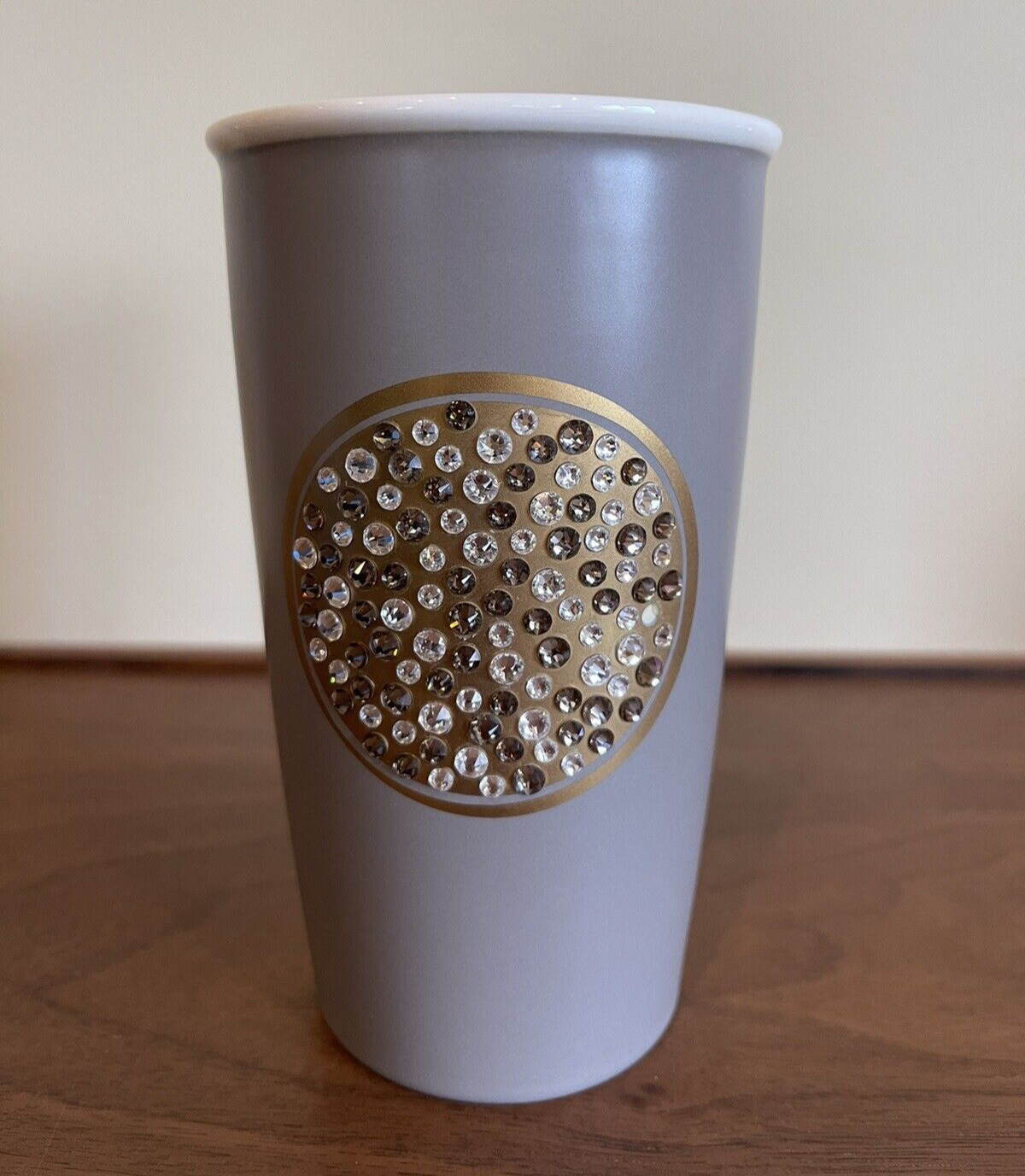 Starbucks 2015 Swarovski Crystals Gray Gold Ceramic Tumbler With Gold Lid