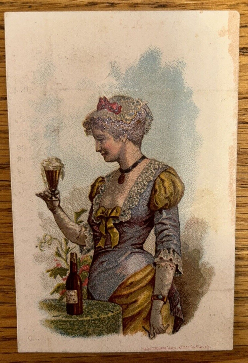Victorian Trade Card Antique Beautiful Woman Drinking Beer Lager Alcohol Look