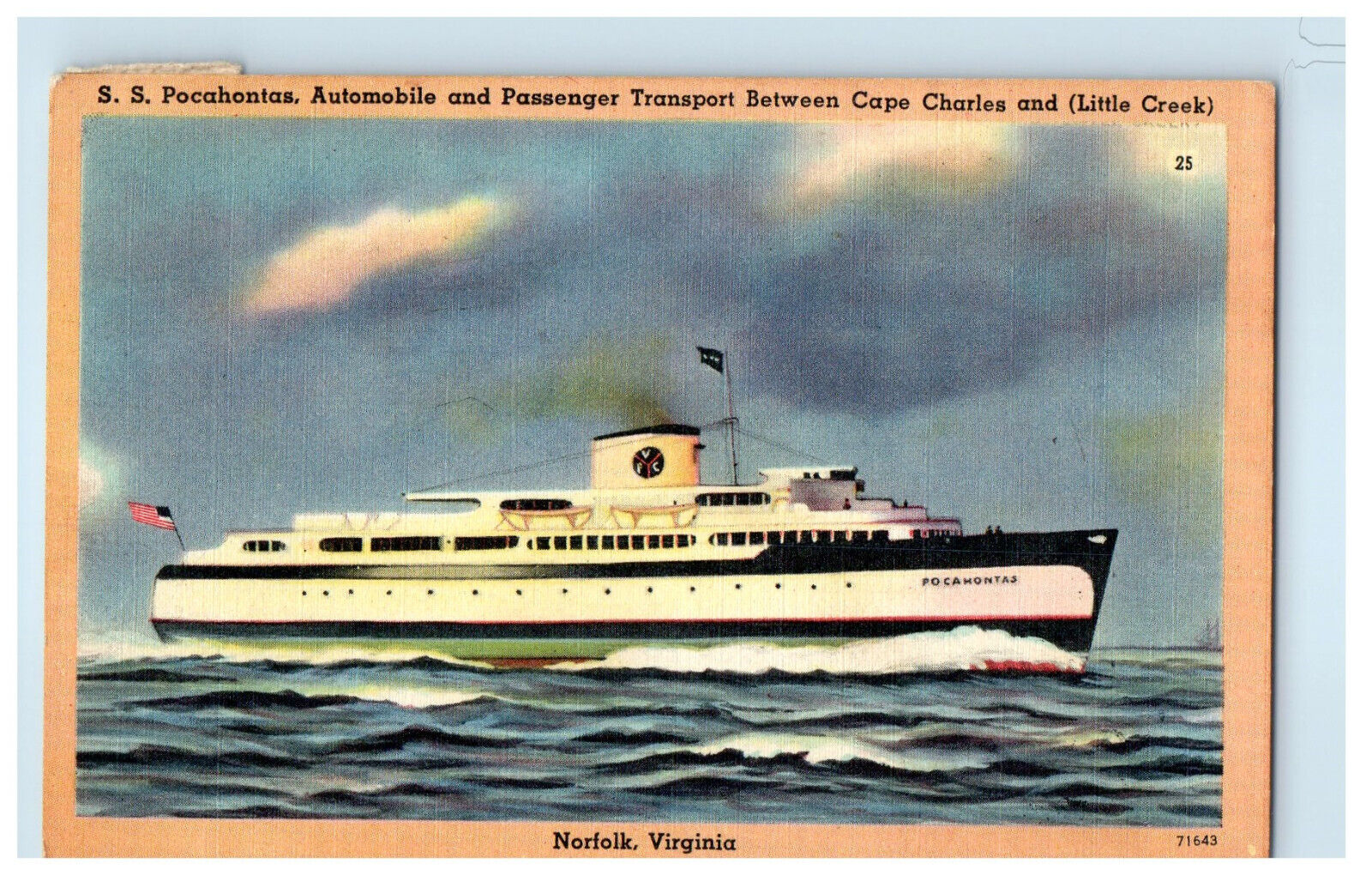 1949 S.S. Pocahontas Automobile and Passenger Transport Norfolk VA Postcard