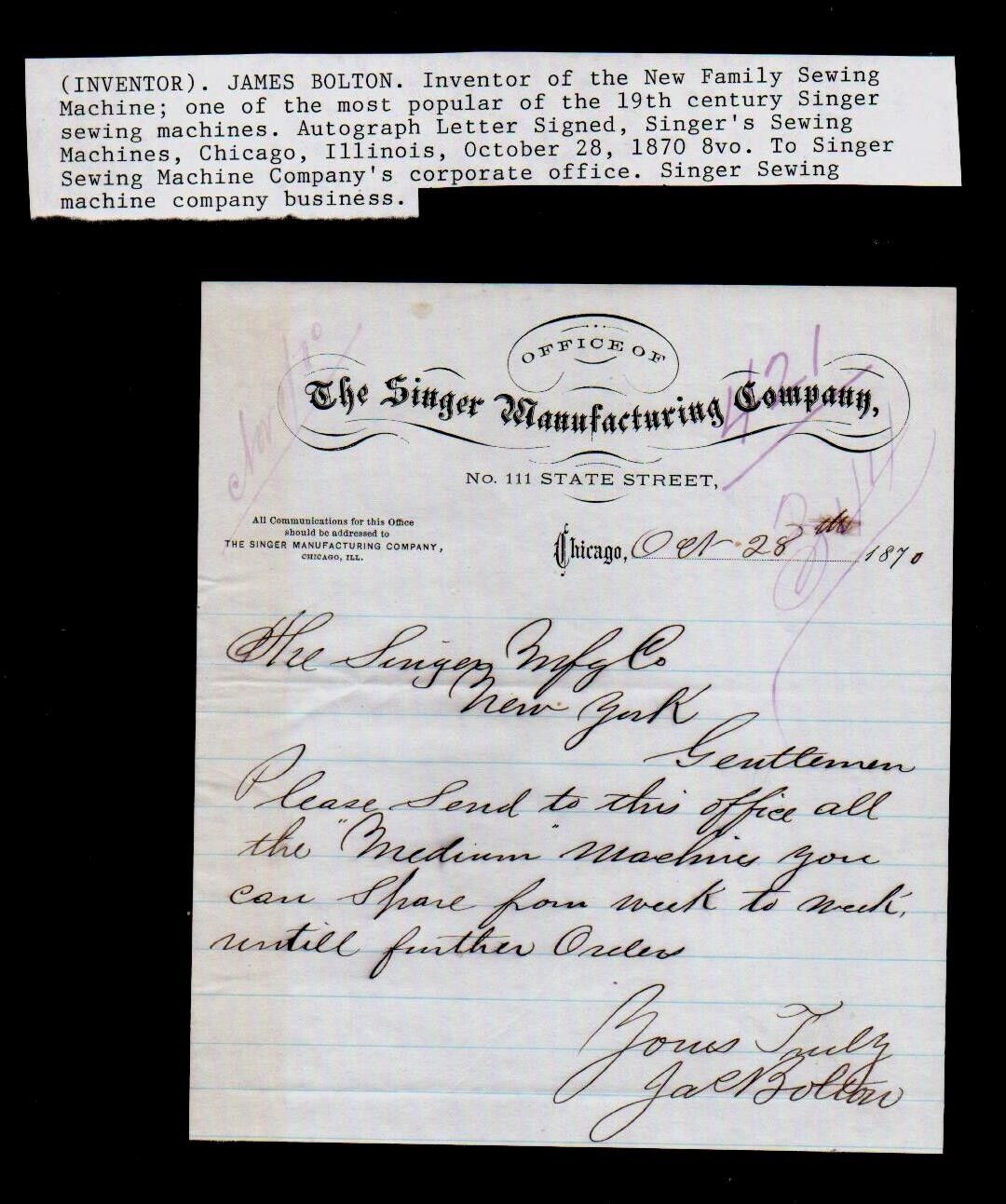 1870 Chicago - James Bolton - Sewing Machine Inventor - signs Singer ALS Letter