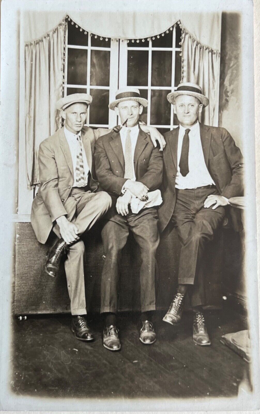 Three Dapper Men Smoking Pipe Weird Hand Vintage RPPC Real Photo Postcard c1920