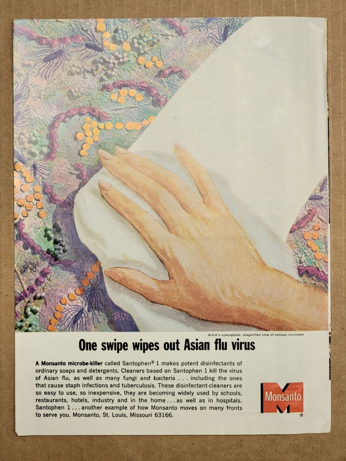 VINTAGE 1965 Print Ad Advertisement Monsanto Asian Flu Virus