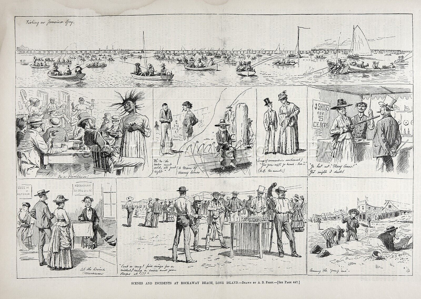 New York City Rockaway Beach Queens, 9 Views Tourists, Large 1880s Antique Print