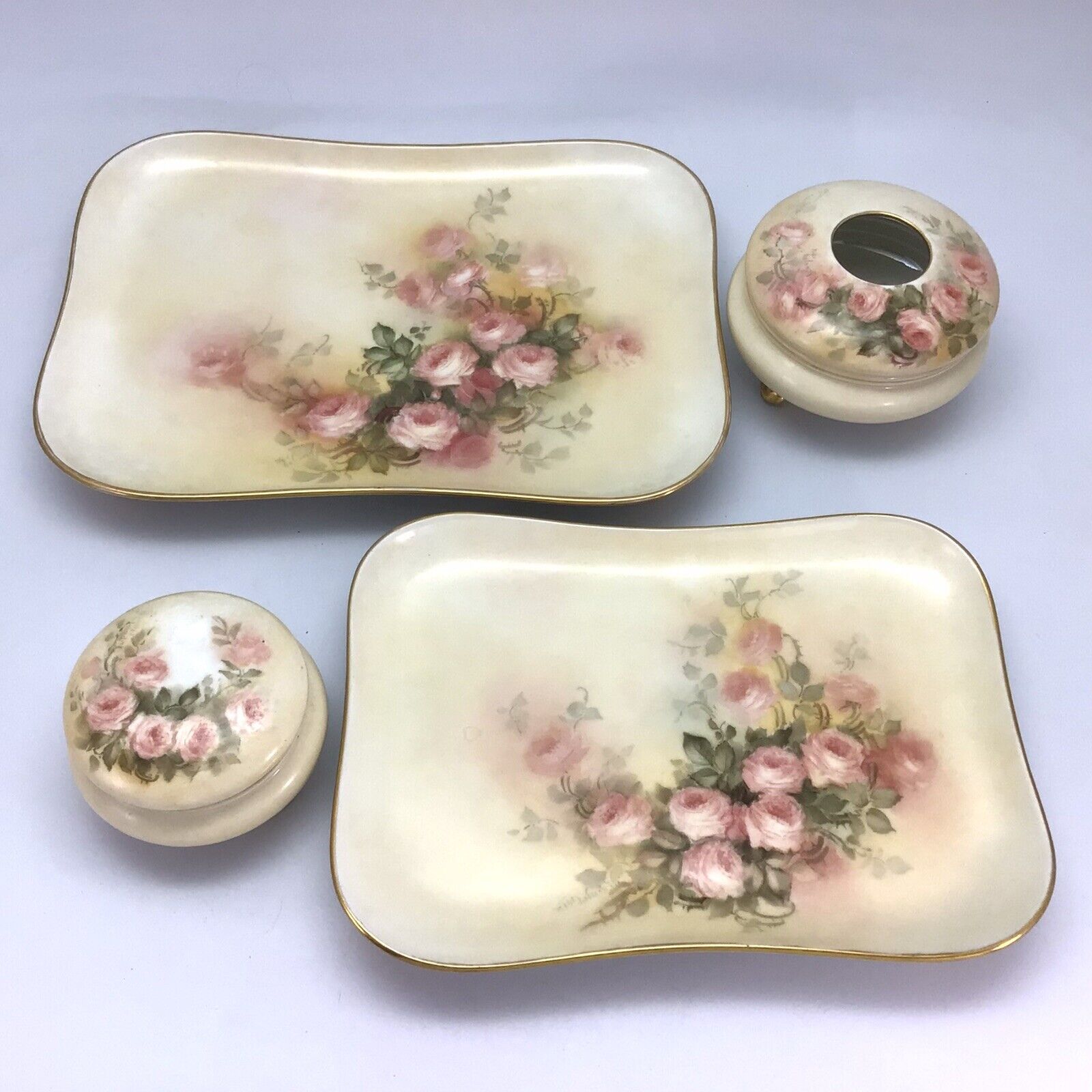 Limoges Vanity Dresser Set Porcelain Hand Painted Pink Roses France Antique